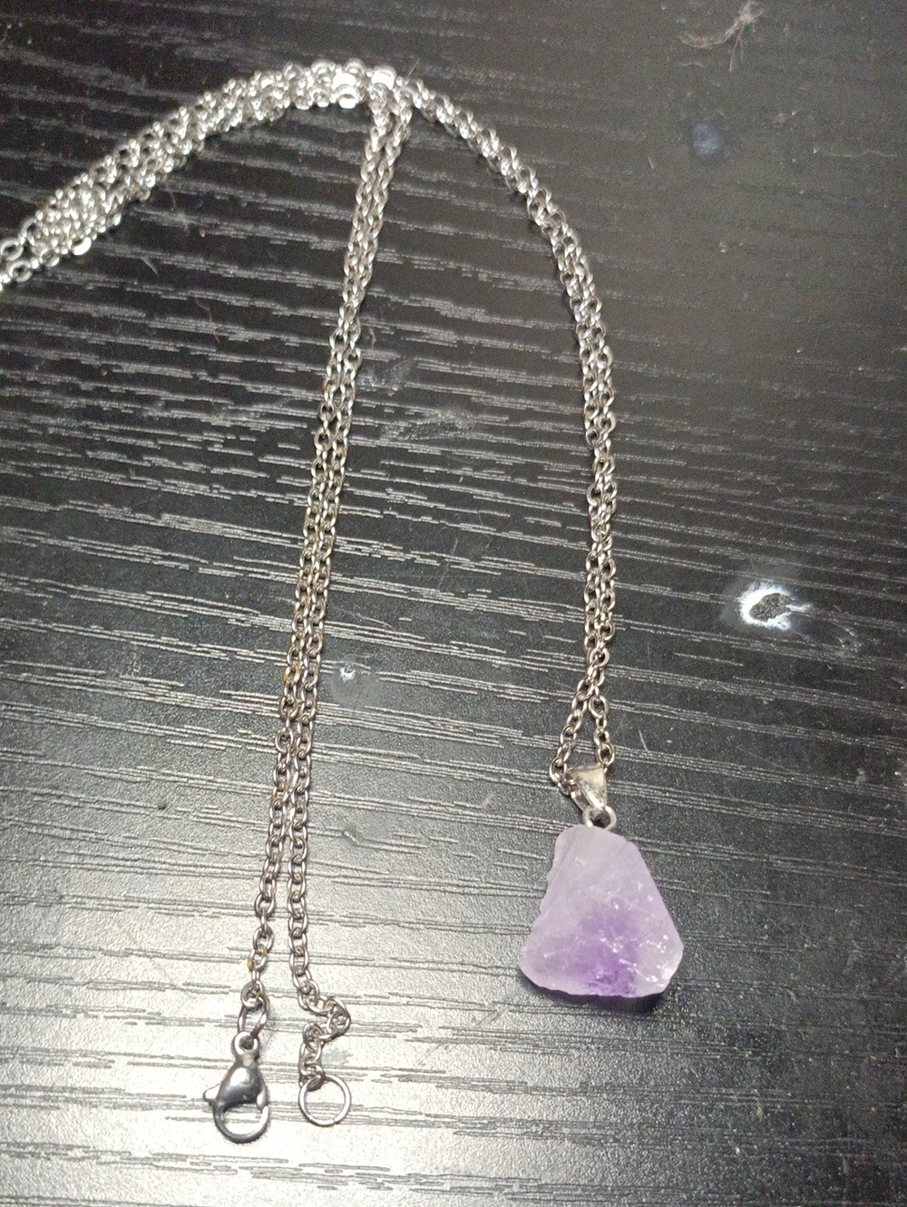 Amethyst Raw Crystal Pendant Necklace in Purple Stainless Steel Chain